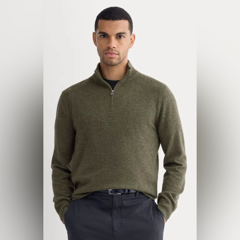 New Everlane Men's CASHMERE QUARTER ZIP SWEATER HEATHERED ARMY GREEN Size XXL